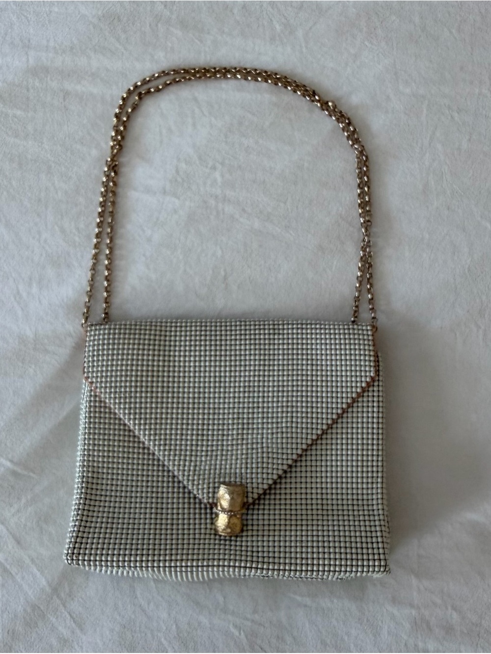 Vintage white metal studded/beaded handbag, adjustable strap and gold details